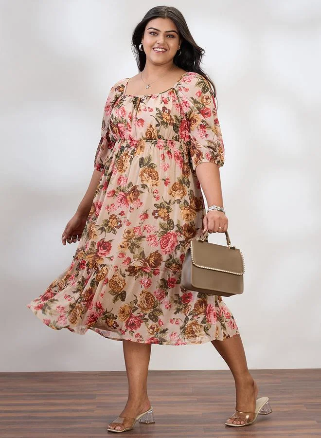 globus Globus Plus Size Beige Floral Print Midi Dress