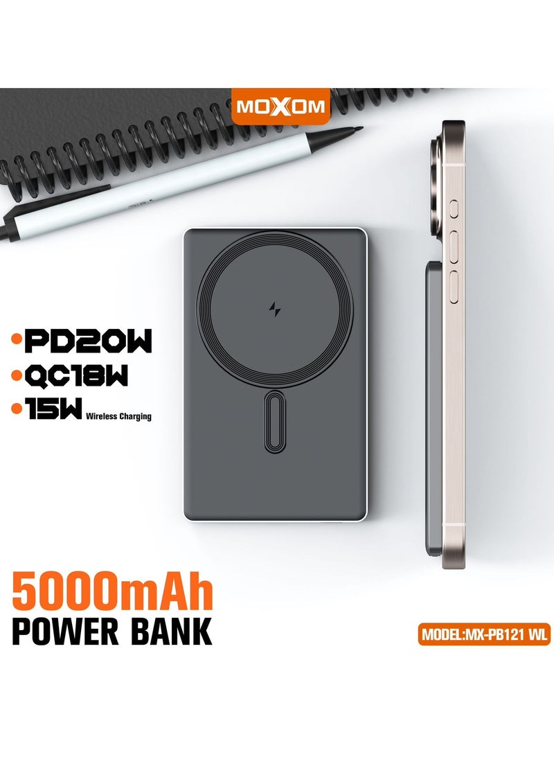 MOXOM MX-PB121 5000mAh Slim and Compact Design Power Bank - PD20W, QC18W, 15W Magnetic Charging for Fast Charging  - Image 2