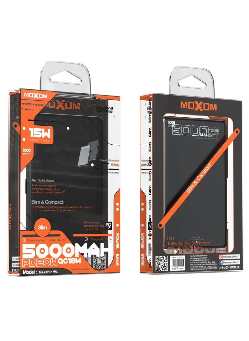 MOXOM MX-PB121 5000mAh Slim and Compact Design Power Bank - PD20W, QC18W, 15W Magnetic Charging for Fast Charging  - Image 5