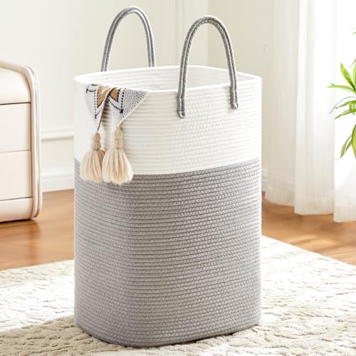 Artfeel Laundry Basket,Woven Cotton Rope Laundry Hamper,Versatile Storage for Dirty Clothes,Baby Toys,and Blankets in Bathroom, Nursery,and Living Room (Grey, 60L) - Image 1
