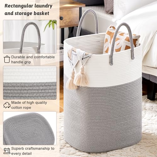 Artfeel Laundry Basket,Woven Cotton Rope Laundry Hamper,Versatile Storage for Dirty Clothes,Baby Toys,and Blankets in Bathroom, Nursery,and Living Room (Grey, 60L) - Image 2