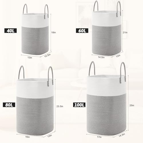 Artfeel Laundry Basket,Woven Cotton Rope Laundry Hamper,Versatile Storage for Dirty Clothes,Baby Toys,and Blankets in Bathroom, Nursery,and Living Room (Grey, 60L) - Image 3
