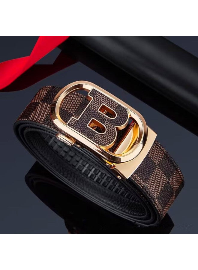 Men's Belt Buckle Zinc Alloy Automatic Buckle Leather Belt Top Layer Cowhide New Letter Buckle Plaid Pattern Belt