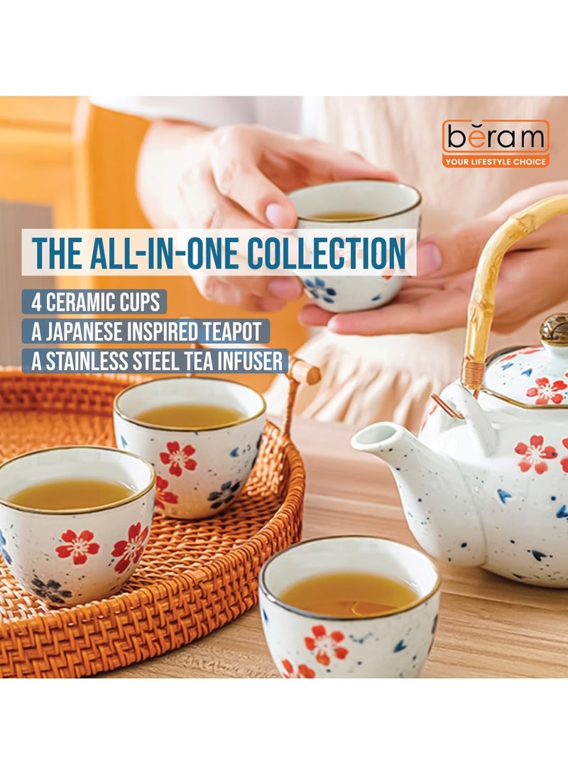 BERAM Porcelain 5 Pieces Tea Set Japanese Inspired Teapots and Cups Wooden Coasters Scratch Resistant Decorative Tea Set with Gift Packaging Multicolor Premium Serveware Home Decor - Image 2