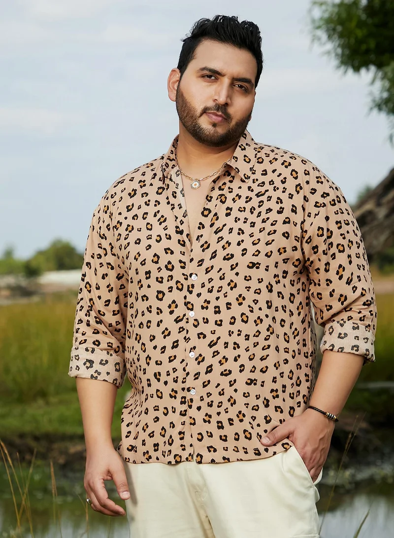 Instafab Plus Instafab Plus Men's Buff Beige Cheetah Imprint Shirt For Casual Wear | Spread Collar | Long Cuffed Sleeves | Button Closure | Plus Size Shirt Crafted With Comfort Fit For Everyday Wear