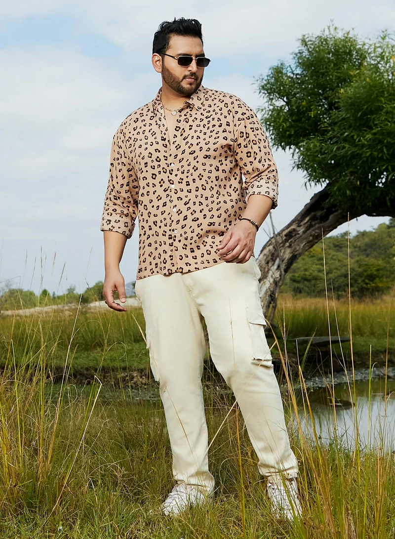 Instafab Plus  Instafab Plus Men's Buff Beige Cheetah Imprint Shirt For Casual Wear | Spread Collar | Long Cuffed Sleeves | Button Closure | Plus Size Shirt Crafted With Comfort Fit For Everyday Wear for Men | Best Price UAE