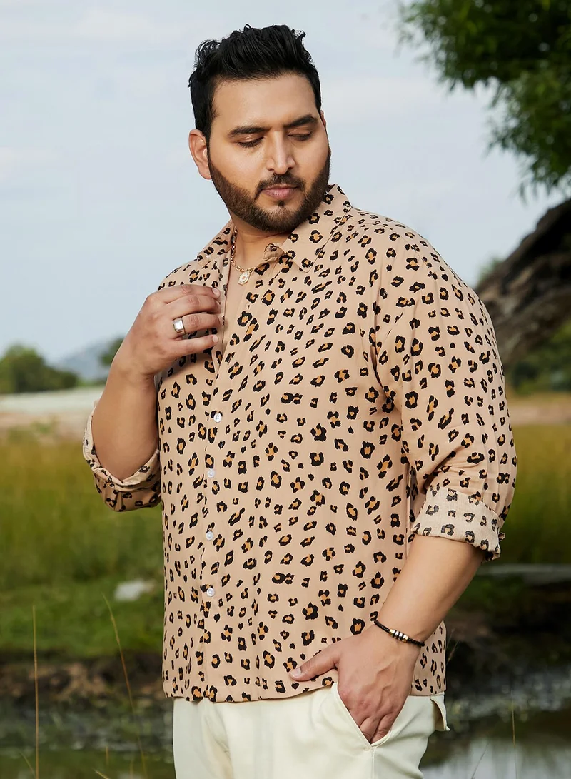 Instafab Plus  Instafab Plus Men's Buff Beige Cheetah Imprint Shirt For Casual Wear | Spread Collar | Long Cuffed Sleeves | Button Closure | Plus Size Shirt Crafted With Comfort Fit For Everyday Wear for Men | Best Price UAE