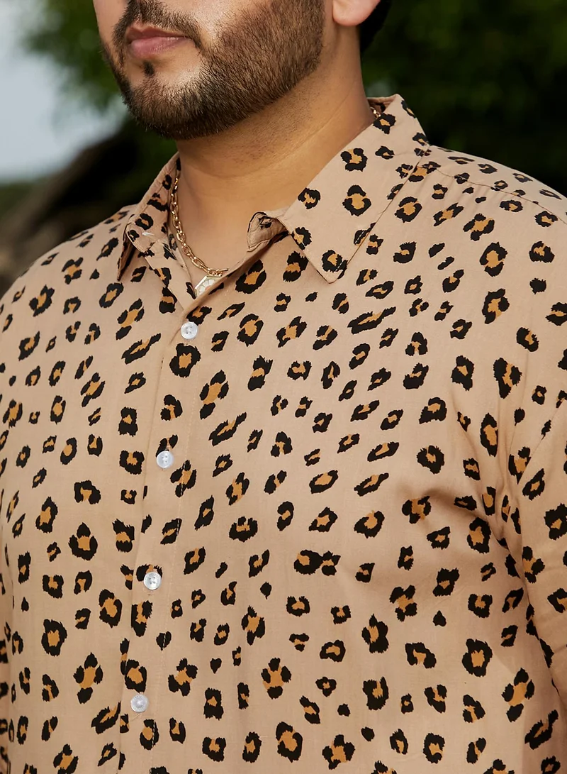 Instafab Plus  Instafab Plus Men's Buff Beige Cheetah Imprint Shirt For Casual Wear | Spread Collar | Long Cuffed Sleeves | Button Closure | Plus Size Shirt Crafted With Comfort Fit For Everyday Wear for Men | Best Price UAE