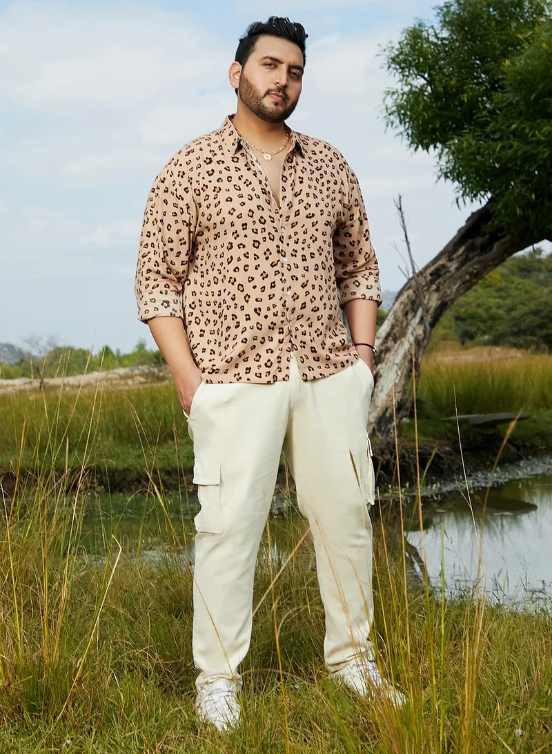 Instafab Plus  Instafab Plus Men's Buff Beige Cheetah Imprint Shirt For Casual Wear | Spread Collar | Long Cuffed Sleeves | Button Closure | Plus Size Shirt Crafted With Comfort Fit For Everyday Wear for Men | Best Price UAE