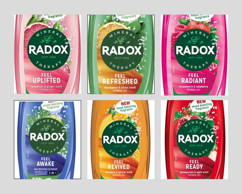 Radox Shower Gel Bundle For Everyday Use 1x250ml Uplifting 1x250ml Feel Ready 1x250ml Revive 1x250ml Feel Detox 1x250ml Feel Refreshed 1x250ml Feel Awake