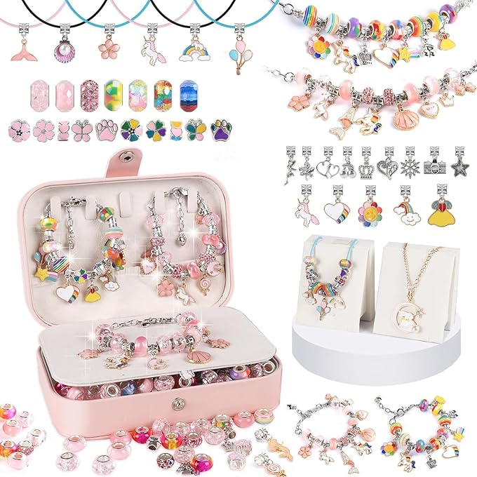 Bracelet Making Kit for Girls,132PCs Pink&Rainbow Charm Bracelets Kit with Jewelry Box, Bracelets for DIY Craft, Bracelet Gift for Adults and Kids, Present For 8-12 Year Old Girl