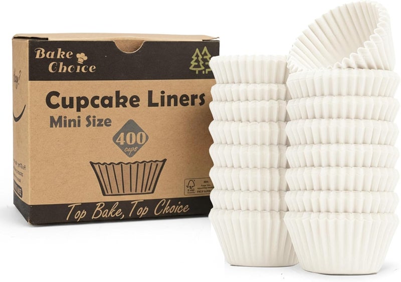 Bake Choice Non-Stick 400pcs White Mini Cupcake Liners for Baking, Greaseproof Muffin Liners for Mini Muffin Pan, Food Grade Cupcake Wrapper for for Party, Wedding, Birthday, Christmas, Valentines - Image 1