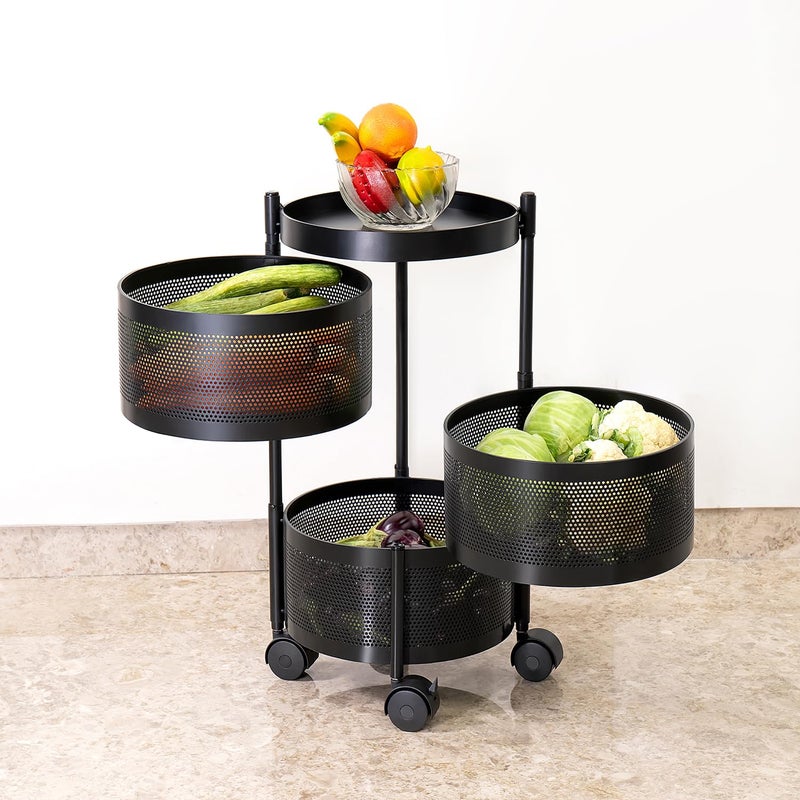 Kitchenwell Round MultiPurpose Rotatable Trolley Storage Organizer Kitchen Storage Rack Design Fruits Vegetable Onion Cutlery Dish Rack Matt Black Round 3 Layer - Image 2