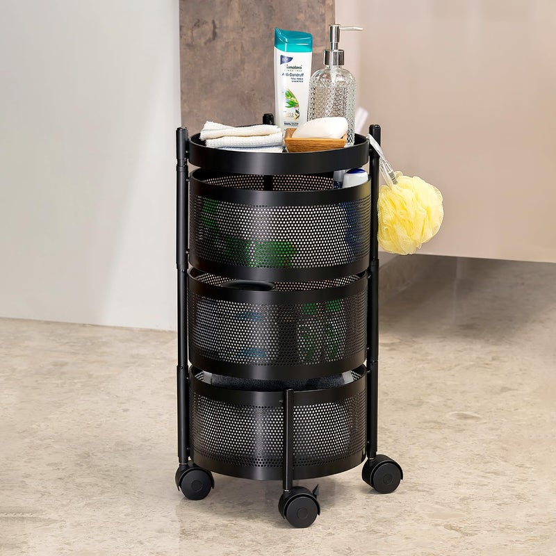 Kitchenwell Round MultiPurpose Rotatable Trolley Storage Organizer Kitchen Storage Rack Design Fruits Vegetable Onion Cutlery Dish Rack Matt Black Round 3 Layer - Image 4