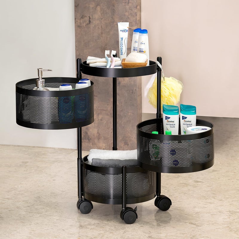 Kitchenwell Round MultiPurpose Rotatable Trolley Storage Organizer Kitchen Storage Rack Design Fruits Vegetable Onion Cutlery Dish Rack Matt Black Round 3 Layer - Image 1