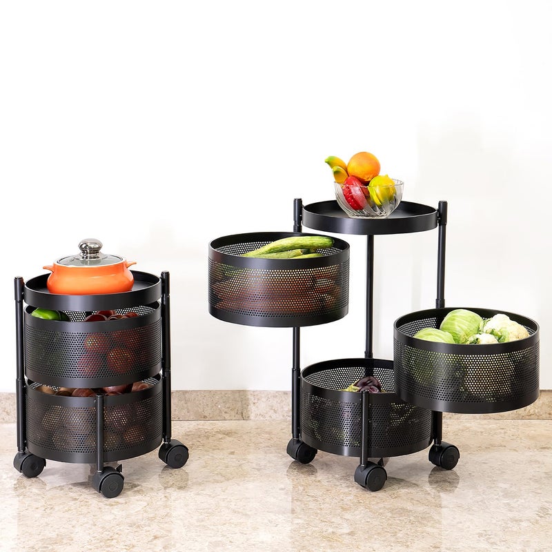 Kitchenwell Round MultiPurpose Rotatable Trolley Storage Organizer Kitchen Storage Rack Design Fruits Vegetable Onion Cutlery Dish Rack Matt Black Round 3 Layer - Image 3