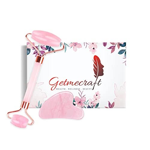 Getmecraft Rose Quartz Roller and Gua Sha Set, 100% Natural Rose Quartz Stone Face Roller, Anti-Wrinkle Anti-Aging Skin Care Tool, Facial Roller, Face Massager for Skin Firming and Stress Relief - Image 1