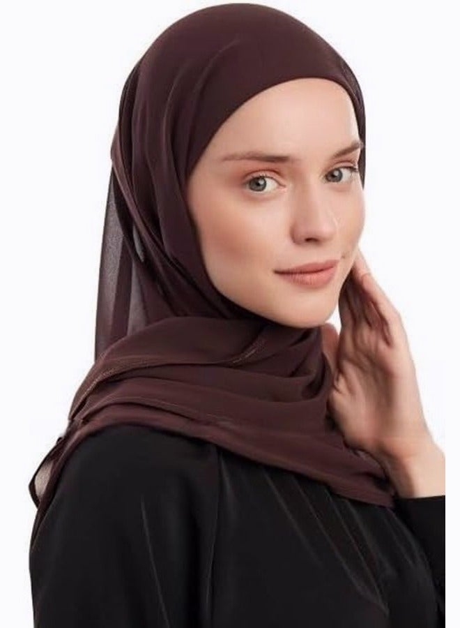 برفكتوري حجاب شيفون فوري للنساء المسلمات تحت وشاح وربطة عنق مع حجاب إسلامي عصري بلون واحد وغطاء رأس وعمامة - قهوة  - Image 1