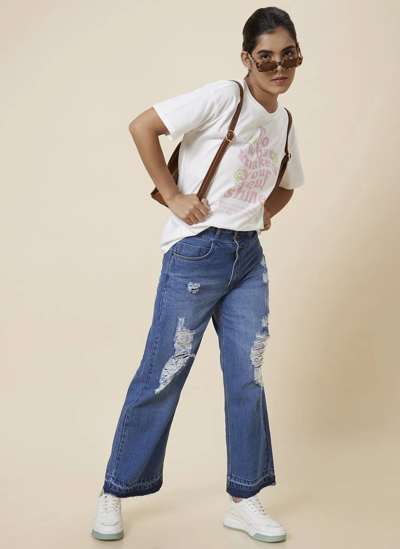 globus Globus Women White Typography Printed Drop Shoulder Pure Cotton T-Shirt