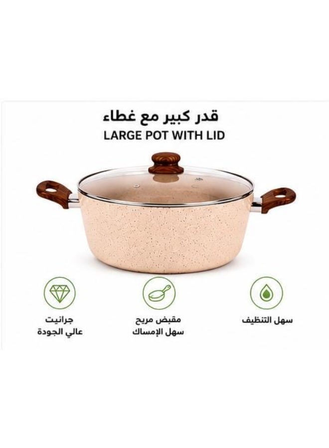 طقم أواني طهي جرانيت 11 قطعة مع أغطية زجاجية ومقلاة ومقلاة عميقة | قدور غير لاصقة مع 5 أدوات مطبخ | مقابض خشبية | بيج - Image 2