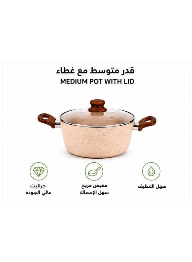 طقم أواني طهي جرانيت 11 قطعة مع أغطية زجاجية ومقلاة ومقلاة عميقة | قدور غير لاصقة مع 5 أدوات مطبخ | مقابض خشبية | بيج - Image 3