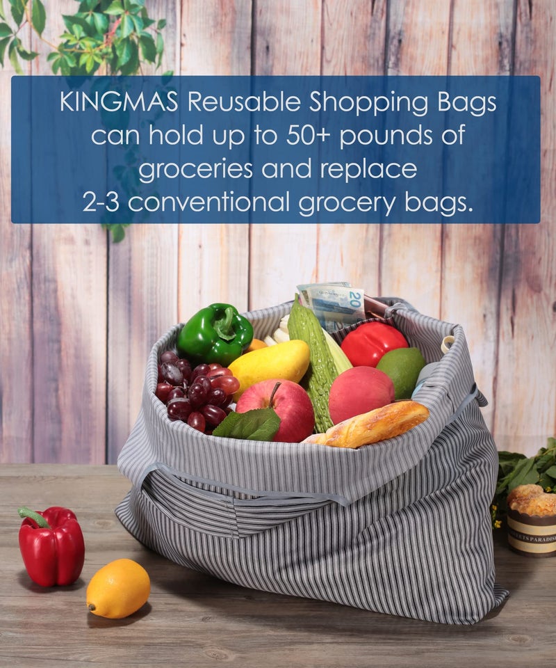 KingMas KINGMAS Reusable Grocery Bags, Eco-Friendly Folding Tote Shopping Bag fits in Pocket, Washable Waterproof Nylon Pouch Bags (2 Pack (Grey Stripe))  - Image 2