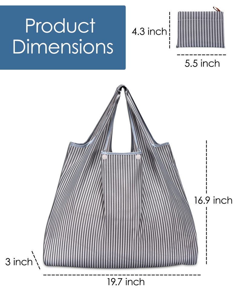 KingMas KINGMAS Reusable Grocery Bags, Eco-Friendly Folding Tote Shopping Bag fits in Pocket, Washable Waterproof Nylon Pouch Bags (2 Pack (Grey Stripe))  - Image 3