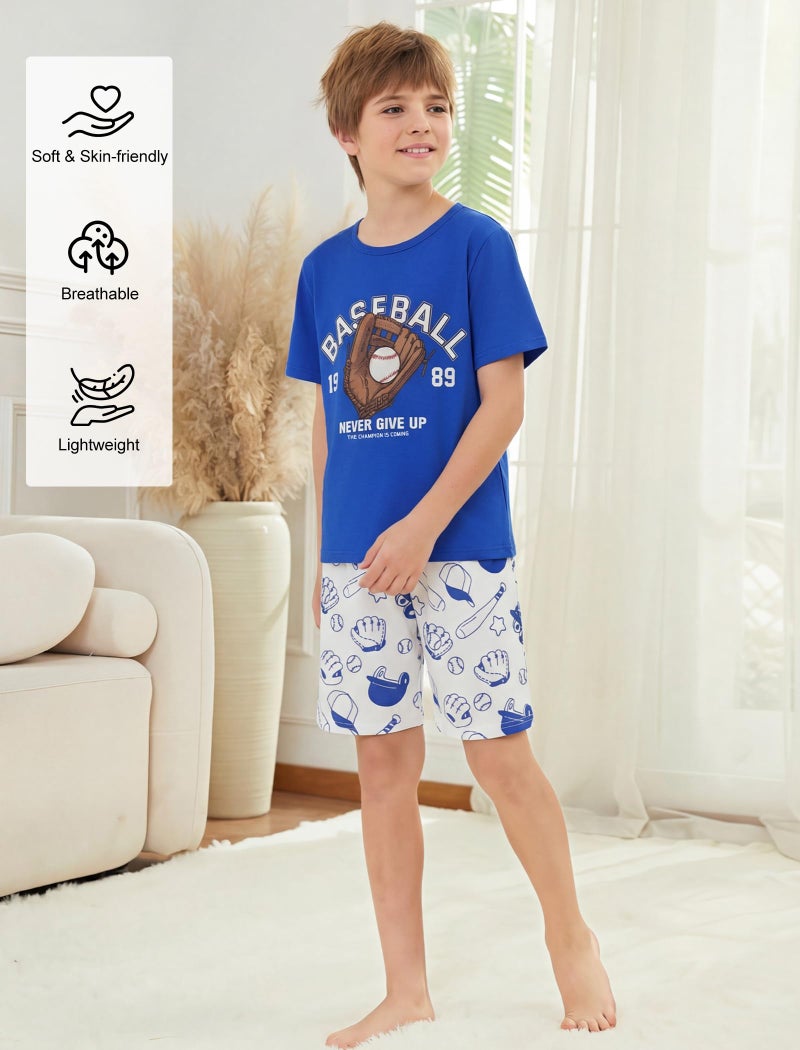 Mikrdoo Boys Pajamas 2 Piece Spring Summer Short Sleeve Pj Set Soft Comfortable Blue Baseball Lightweight Boy's Sleepwear for Kids Size 10 Years - Image 4