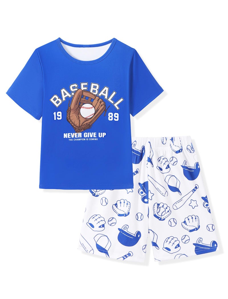 Mikrdoo Boys Pajamas 2 Piece Spring Summer Short Sleeve Pj Set Soft Comfortable Blue Baseball Lightweight Boy's Sleepwear for Kids Size 10 Years - Image 1