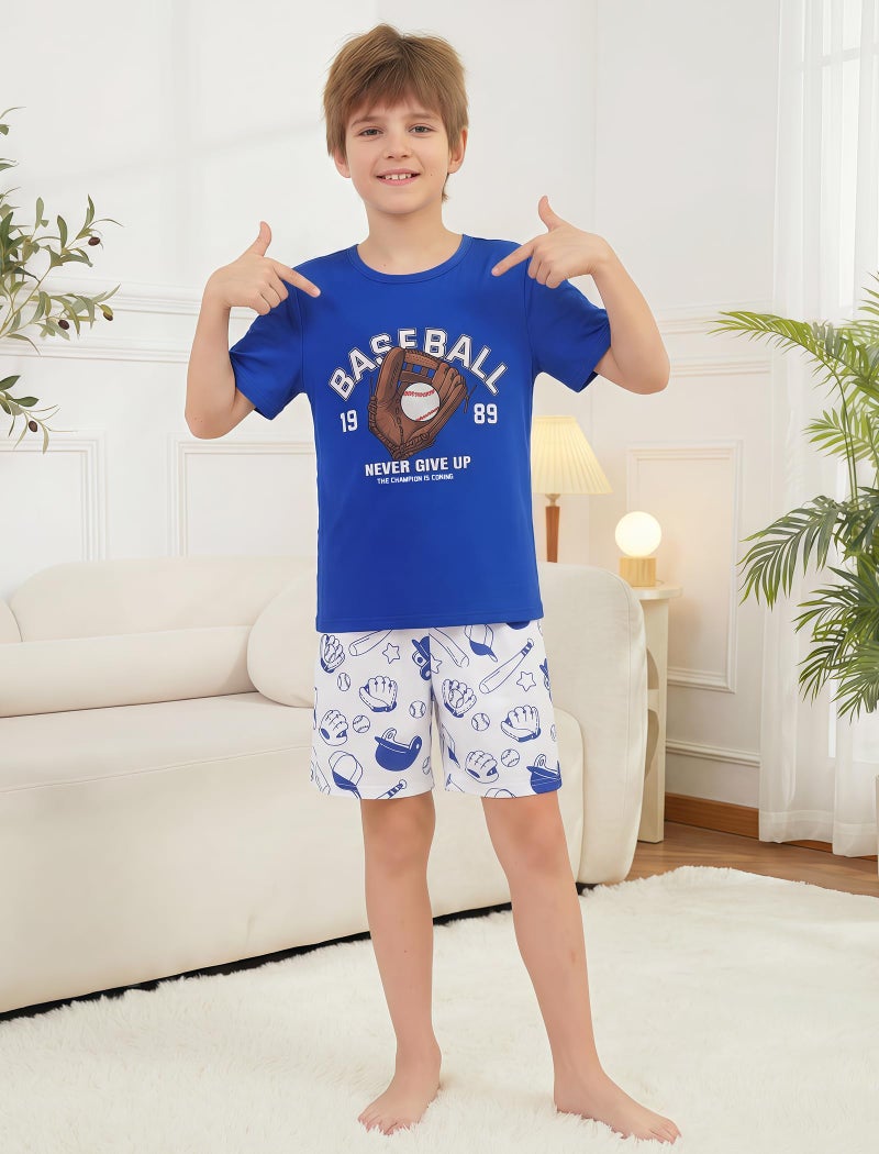 Mikrdoo Boys Pajamas 2 Piece Spring Summer Short Sleeve Pj Set Soft Comfortable Blue Baseball Lightweight Boy's Sleepwear for Kids Size 10 Years - Image 3