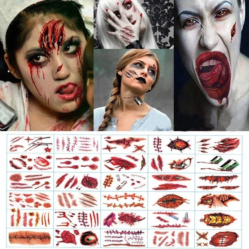 Halloween Temporary Tattoo Sticker Waterproof 3D Bite Mark Zombie Acars Wound Tattoo Sticker Halloween Party Cosplay Makeup Prop - Image 1