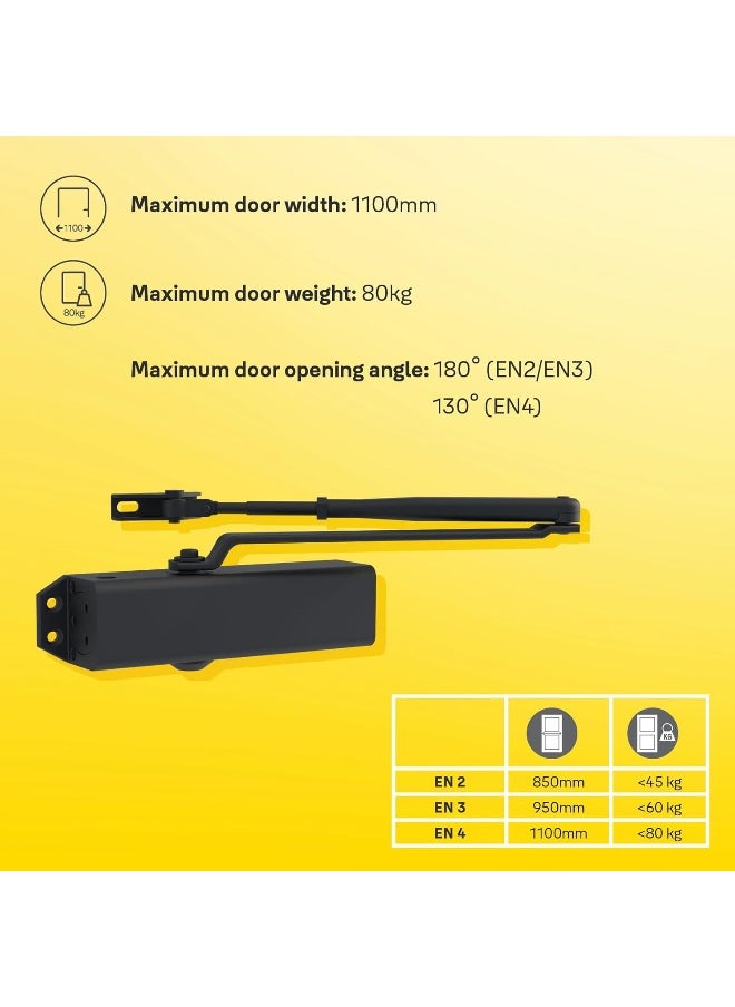 Yale 722 Pro Door Closer For up to 1100mm width and 80Kg door weight, 500,000 cycles tested, Adjustable Latching Speed, Fire rated, Black  - Image 2