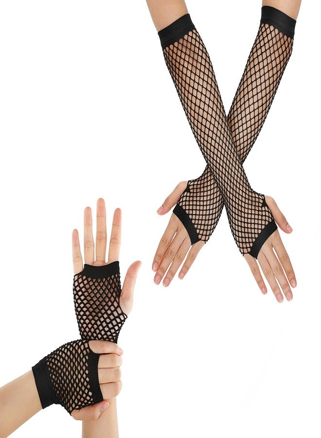 Yolev 2 Pairs Long & Short Fishnet Mesh Gloves - Fingerless - 80s 90s Party Costume Accessories for Women & Girls (Black) - Image 1