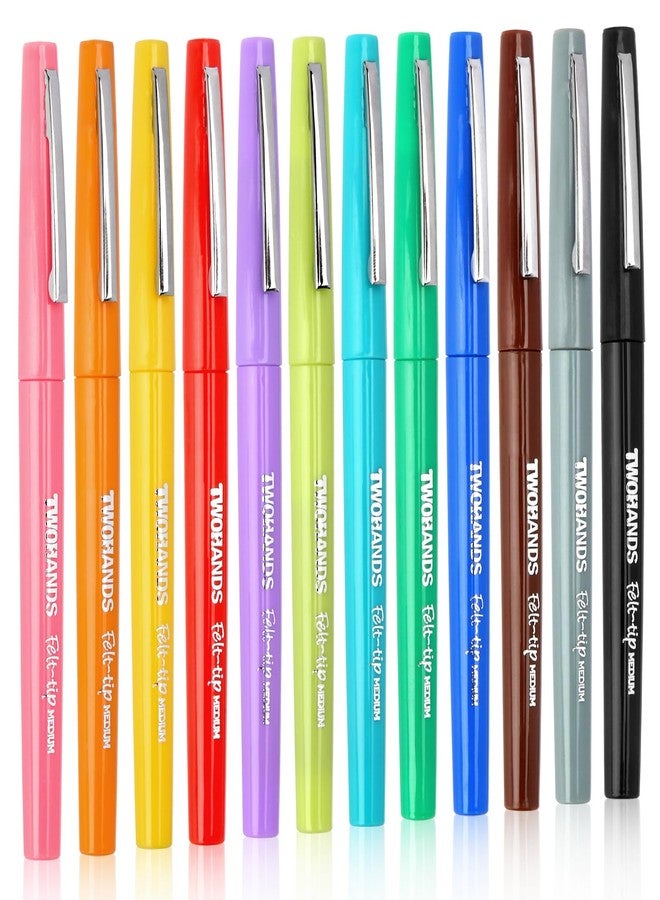 TWOHANDS 12 Felt Tip Pens, Assorted Colours Fineliners, Colourd pens Medium Point (0.7 MM) Writing Pens for Adults Colouring, Journaling, Note Taking, 22004 - Image 1