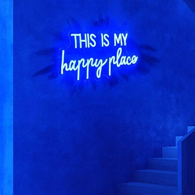 Horoof Home This Is My Happy Place Neon Blue LED Wall Light - 40x22.5cm Aesthetic Acrylic Decor for Bedroom, Office, or Gift - Image 1