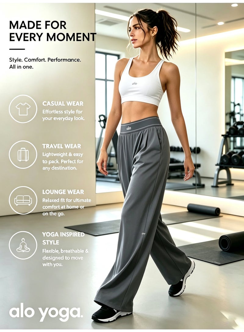 Alo Yoga ALO High-Rise Logo Elastic Waist Yoga Pants - Women's Lightweight Wide-Leg Athletic Trousers with Breathable Fabric for Yoga, Lounge & Casual Wear - Image 2