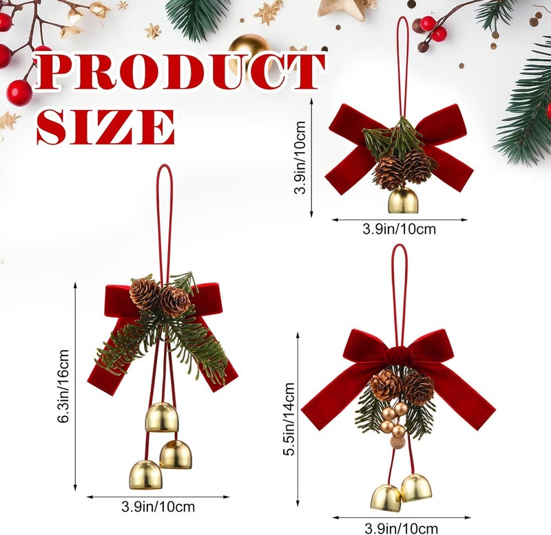 Arrowbash 4 Pcs Christmas Red Velvet Bow with Bells and Cones Xmas Tree Velvet Bow Christmas Jingle Bells Hanger Door Knob Decorations with Pine Cones Pine Needles and Cowbells Ornaments - Image 2