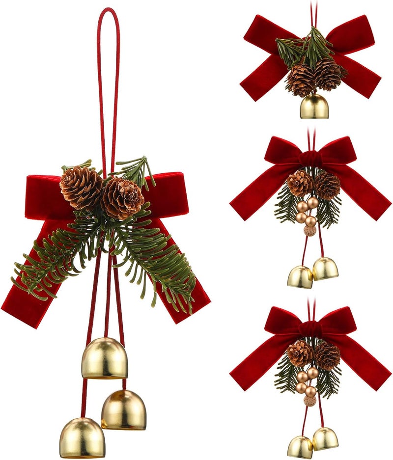 Arrowbash 4 Pcs Christmas Red Velvet Bow with Bells and Cones Xmas Tree Velvet Bow Christmas Jingle Bells Hanger Door Knob Decorations with Pine Cones Pine Needles and Cowbells Ornaments - Image 1