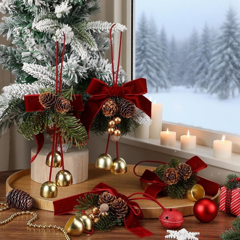 Arrowbash 4 Pcs Christmas Red Velvet Bow with Bells and Cones Xmas Tree Velvet Bow Christmas Jingle Bells Hanger Door Knob Decorations with Pine Cones Pine Needles and Cowbells Ornaments - Image 4