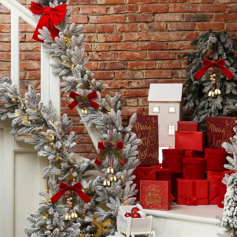 Arrowbash 4 Pcs Christmas Red Velvet Bow with Bells and Cones Xmas Tree Velvet Bow Christmas Jingle Bells Hanger Door Knob Decorations with Pine Cones Pine Needles and Cowbells Ornaments - Image 5