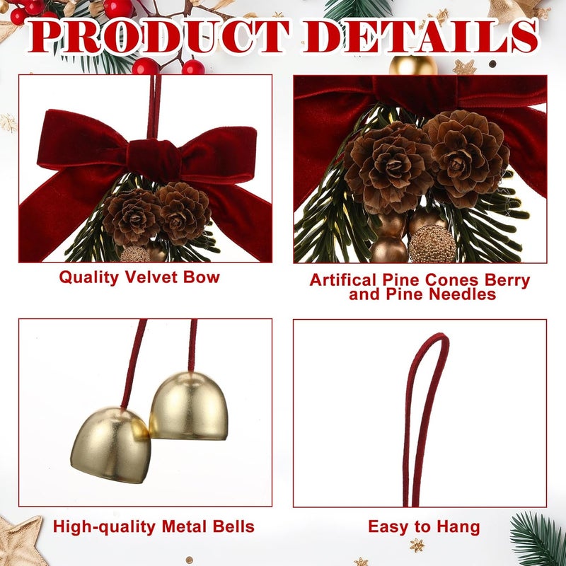 Arrowbash 4 Pcs Christmas Red Velvet Bow with Bells and Cones Xmas Tree Velvet Bow Christmas Jingle Bells Hanger Door Knob Decorations with Pine Cones Pine Needles and Cowbells Ornaments - Image 3