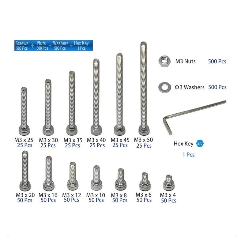1500 Pcs M3 4 50mm 304 Stainless Steel Hex Socket Head Cap Screws Nuts Washers Kit - Image 3