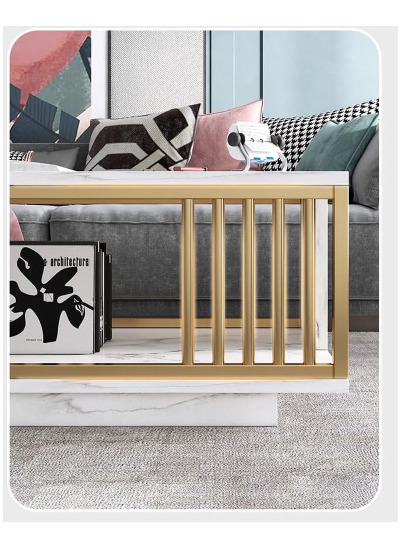 ليدين طاولة قهوة رخامية حديثة بإطار معدني ذهبي ورف تخزين، طاولة مركزية لغرفة المعيشة بطبقتين لأثاث المنزل وديكور المكتب (أبيض، 120 × 60 × 40 سم) - Image 3