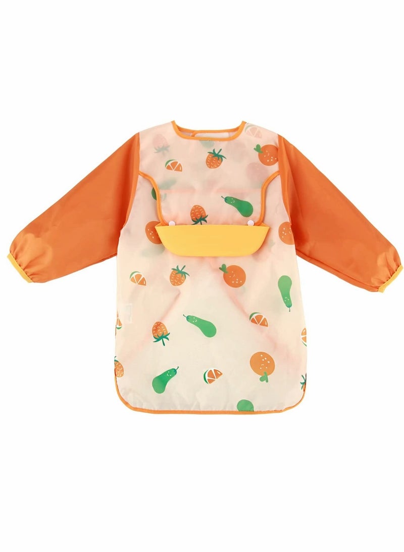 كابتن تيك Baby Bib With Long Sleeves, Prevent Soiling Waterproof Feeding Painting Apron Removable Silicone Pocket, Unisex For 1-3 Years Old - Orange - Image 1