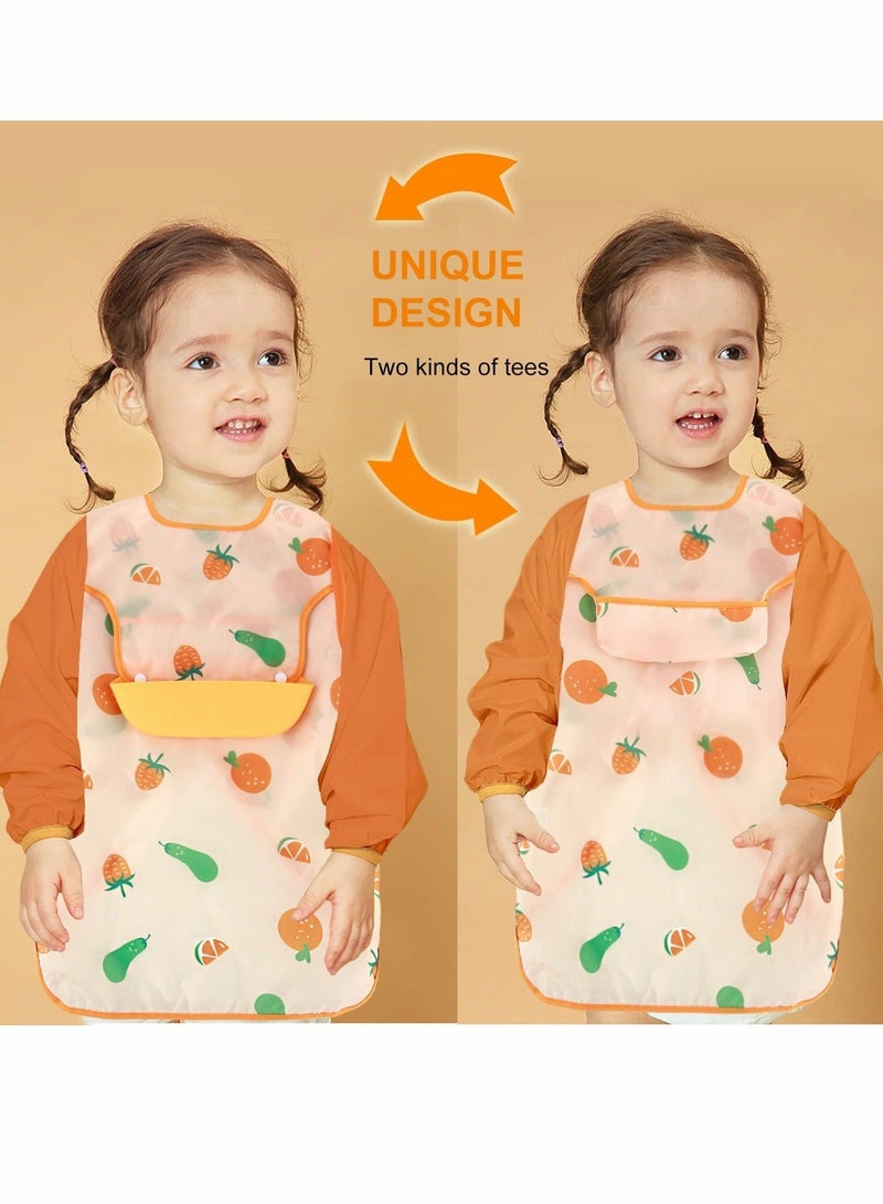 كابتن تيك Baby Bib With Long Sleeves, Prevent Soiling Waterproof Feeding Painting Apron Removable Silicone Pocket, Unisex For 1-3 Years Old - Orange - Image 5