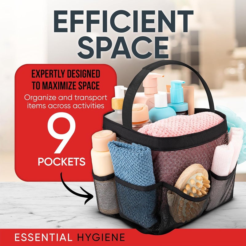 Masirs Shower Caddy Mesh - 9 Pocket Portable Bathroom Organizer Tote for Travel, Gym & Dorm - Collapsible Small Shower Caddy Bag to Hold Toiletries & Essentials (Black) - Image 5
