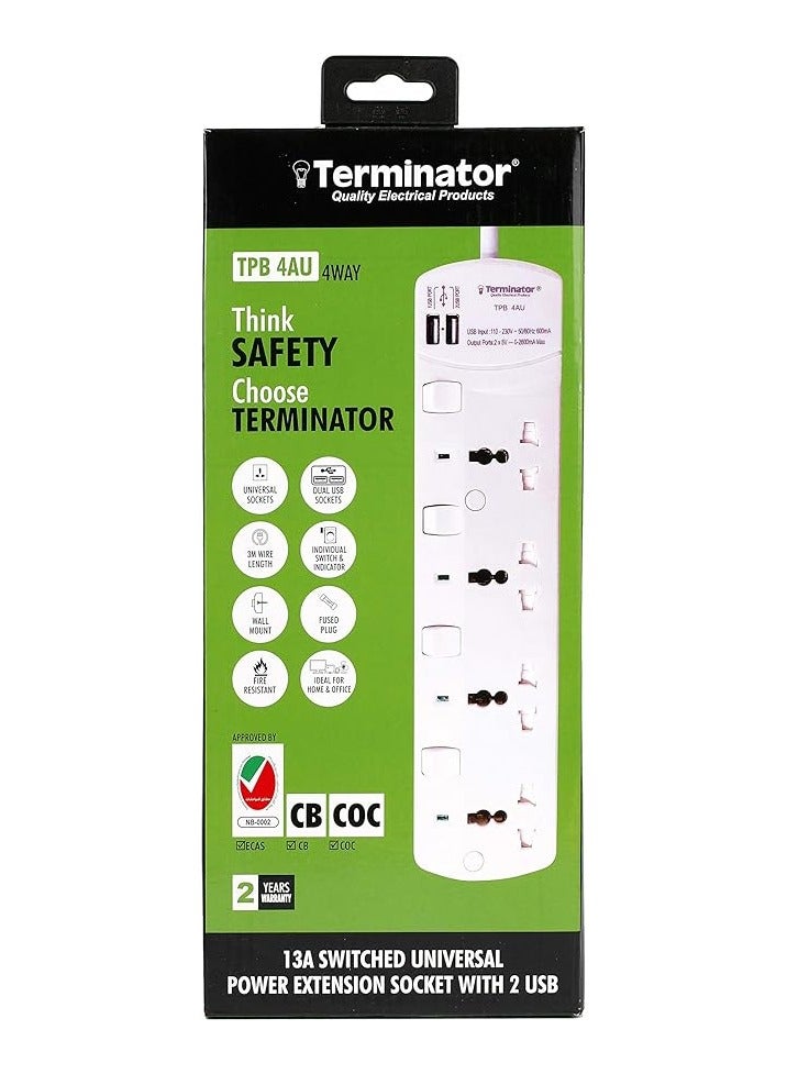 ترمينيتور وصلة تمديد 4G/3M + 2 USB TPB 4AU مقبس عالمي مع مفاتيح ومؤشرات فردية - Image 1