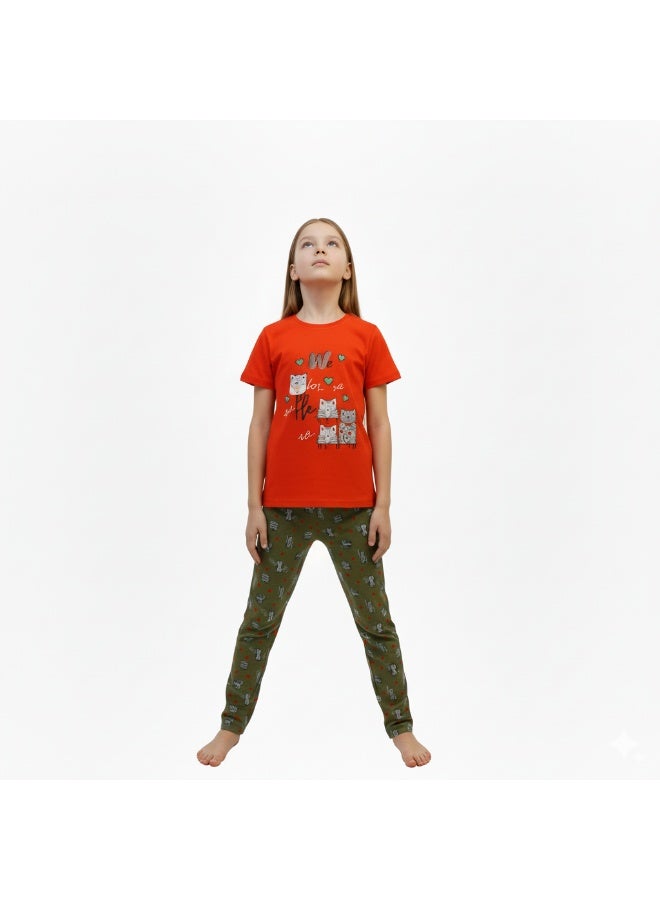 جوانا طقم بيجاما بناتي بطبعة نحن سعداء، قميص بأكمام قصيرة وبنطال طويل، أحمر - Image 3