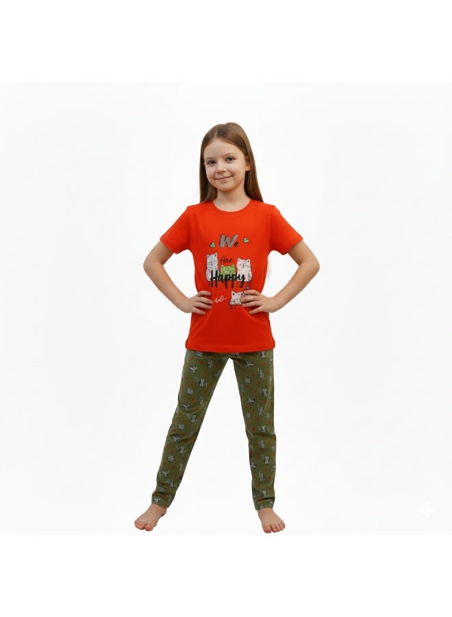 جوانا طقم بيجاما بناتي بطبعة نحن سعداء، قميص بأكمام قصيرة وبنطال طويل، أحمر - Image 4