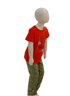 JOANNA JOANNA Girl's We Are Happy Print Short Sleeve Shirt & Long Pants Pajama Set, Red  - Image 3